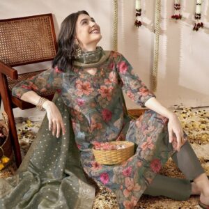 Women Floral Printed Regular Aari Work Kurta with Trousers & With Dupatta