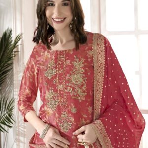 Floral Embroidered Zardozi Pure Silk Kurta With Trousers & Dupatta