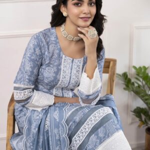 Women Floral Printed Regular Thread Work Kurta with Trousers & With Dupatta