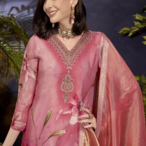Peach Floral Printed Jacquard Organza Straight Kurta With Trousers & Dupatta